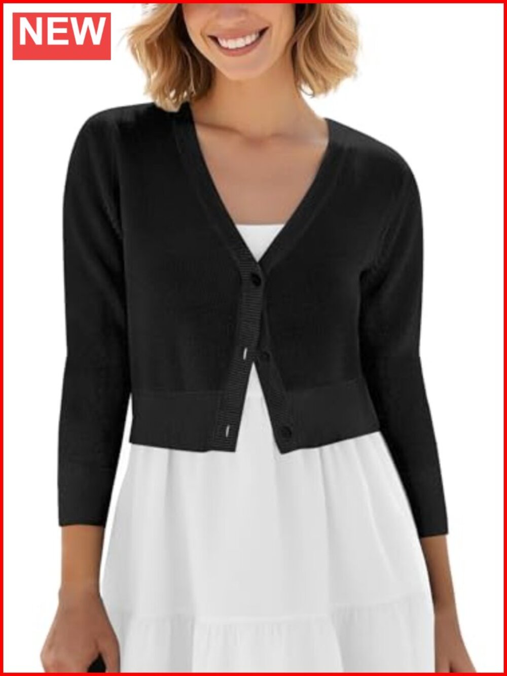 Cropped Cardigan V-Neck Button Down Knit Sweater 3/4 Sleeve